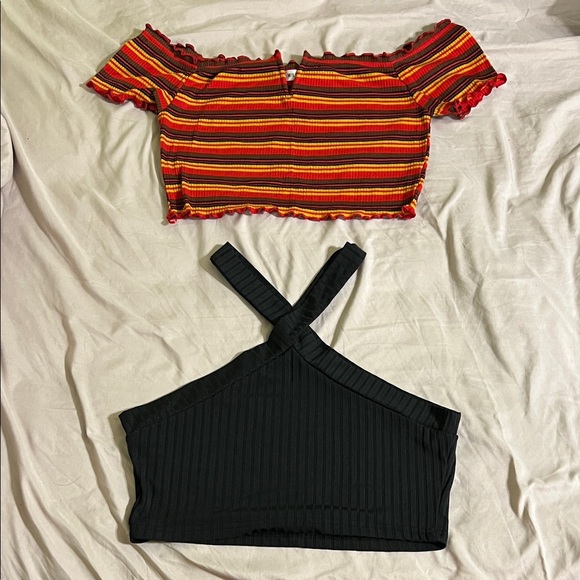Wild Honey Tops - Wild Honey Red and Orange Striped Crop Top with Black Cross-Strap Top